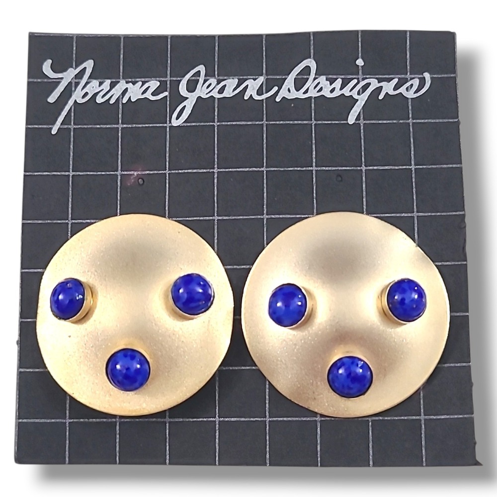 Vintage 80s Norma Jean Matte Gold Modernist Blue Cabachons Pierced Earrings